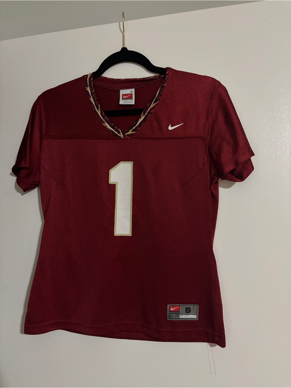 Nike Women’s Maroon Football Jersey with White Number 1